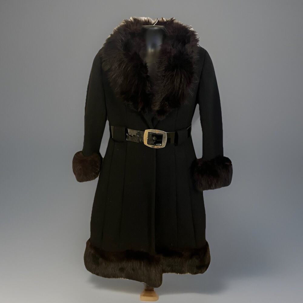 VTG Penny Lane Fur Trim Wool Coat Pleated Afghan Princess Belted Black RARE XS/S